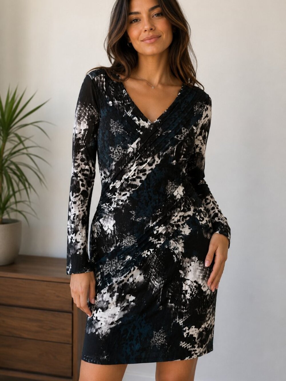 Blue Teal and Black Printed Long-Sleeve Dress
